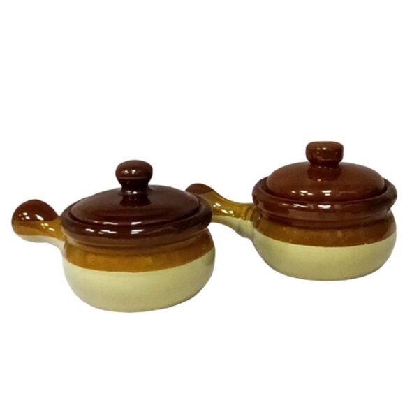 Vintage Tri-Tone Stoneware Lidded French Onion Soup Pots & Handle Set of 2 - Picture 2 of 8